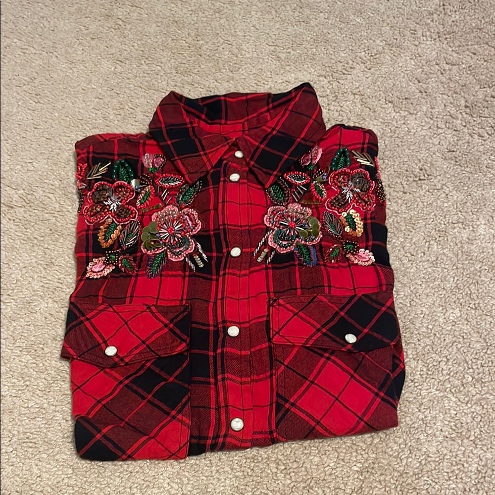 Zara Red Plaid Embroidered Shirt